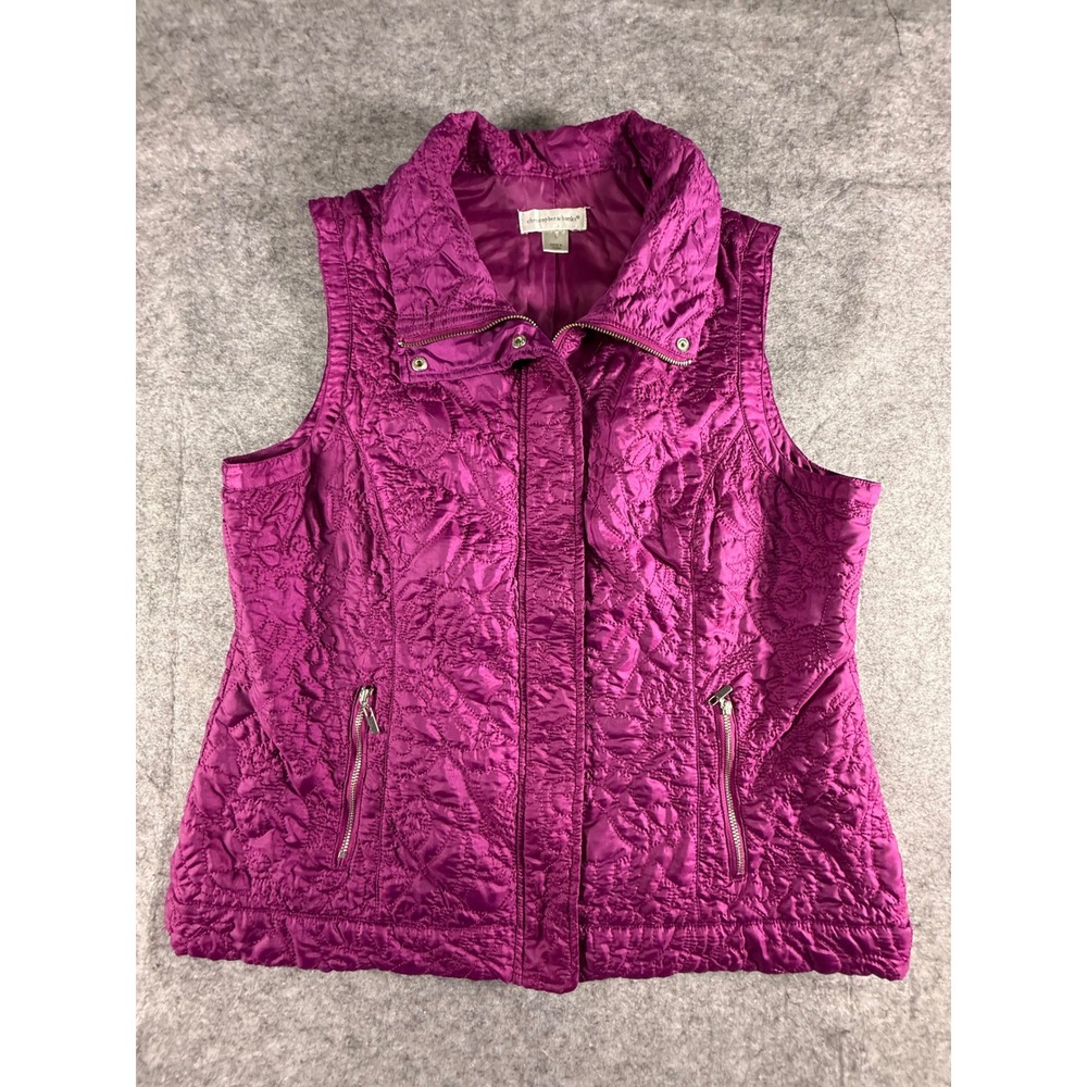 Christopher & Banks Womens Quilted Vest Magenta Size Large Zip Front Pockets